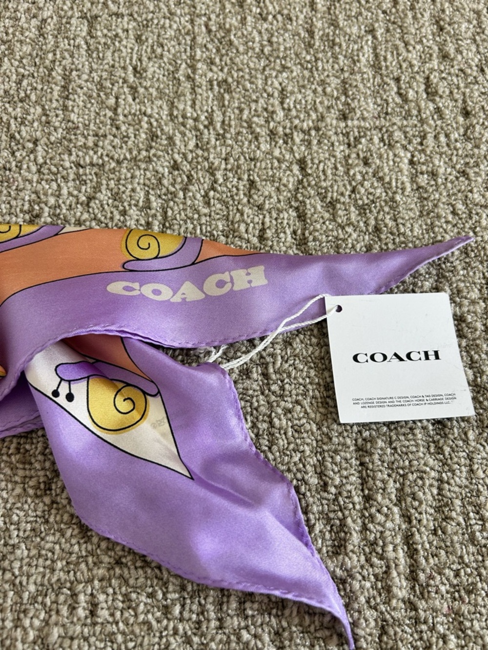 Coach Lavender Silk Accent Scarf with Peach and Cream Motif